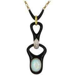 Onyx Opal Diamond Yellow Gold Pendant Necklace