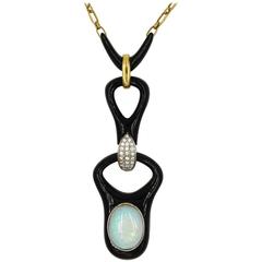 Onyx Opal Diamond Yellow Gold Pendant Necklace 2