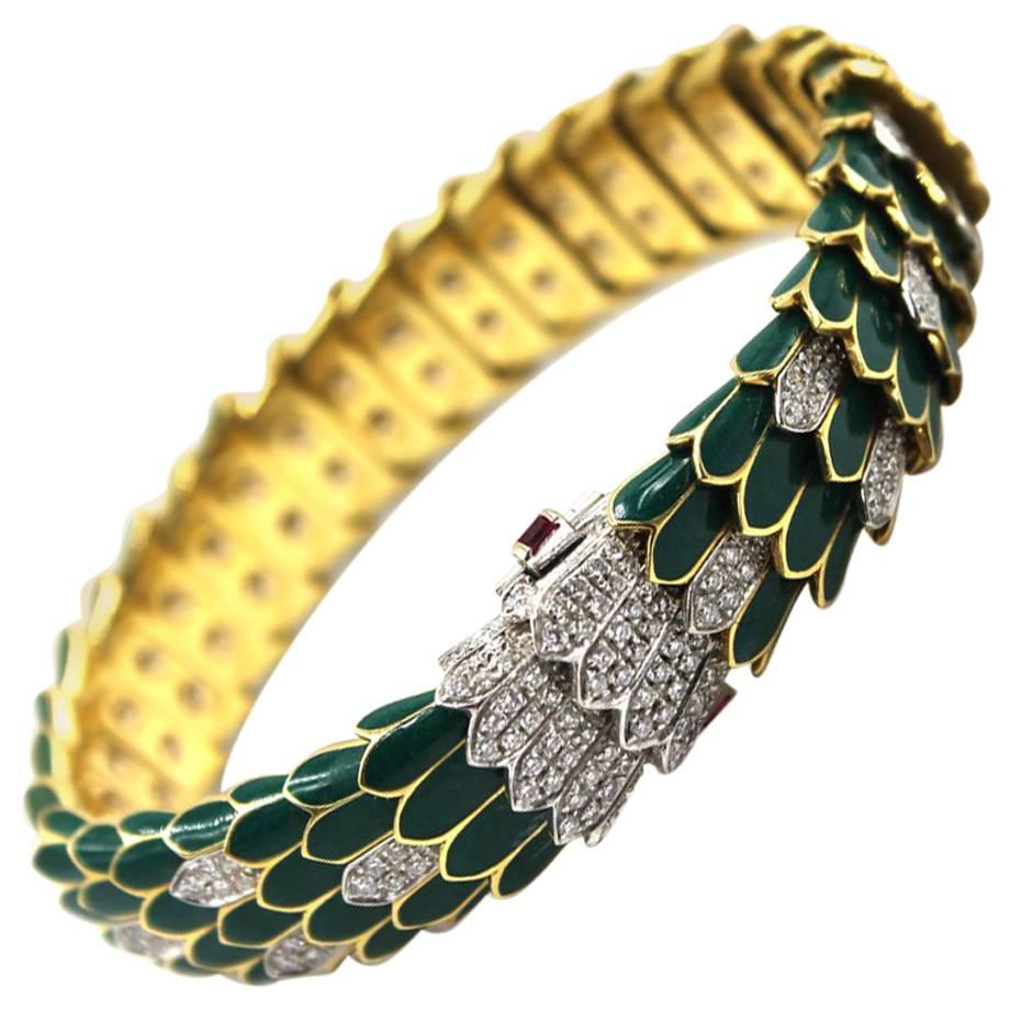 Roberto Coin Green Enamel Diamond Gold Snake Bracelet