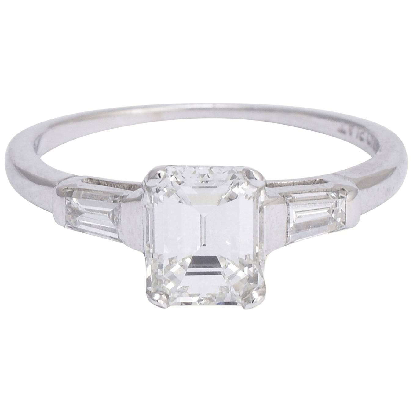 Vintage 1.14 Carat Emerald Cut Diamond Engagement Ring For Sale