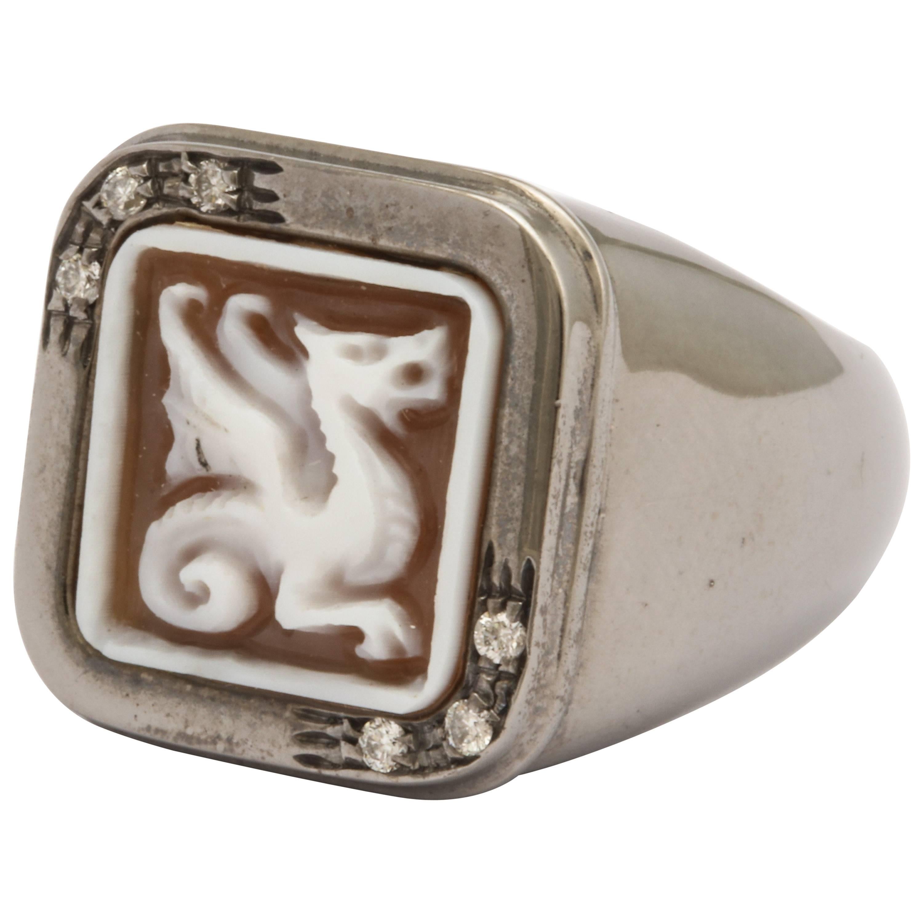 Amedeo Mini Dragon Cameo White Diamonds Ring For Sale