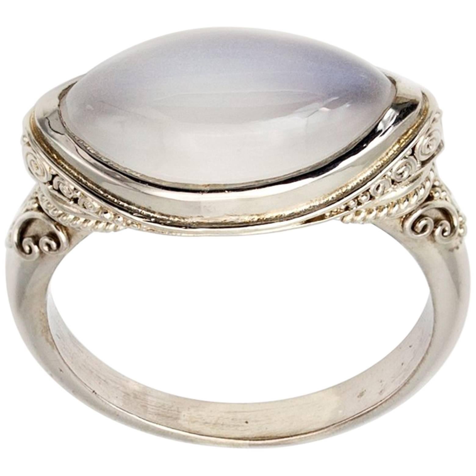Marquise Moonstone and Granular White Gold Ring