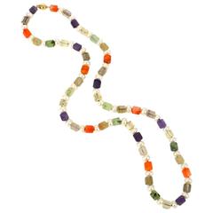 Amethyst Carnelian Prehnite Citrine Rutile Quartz Button Pearl Gold Necklace