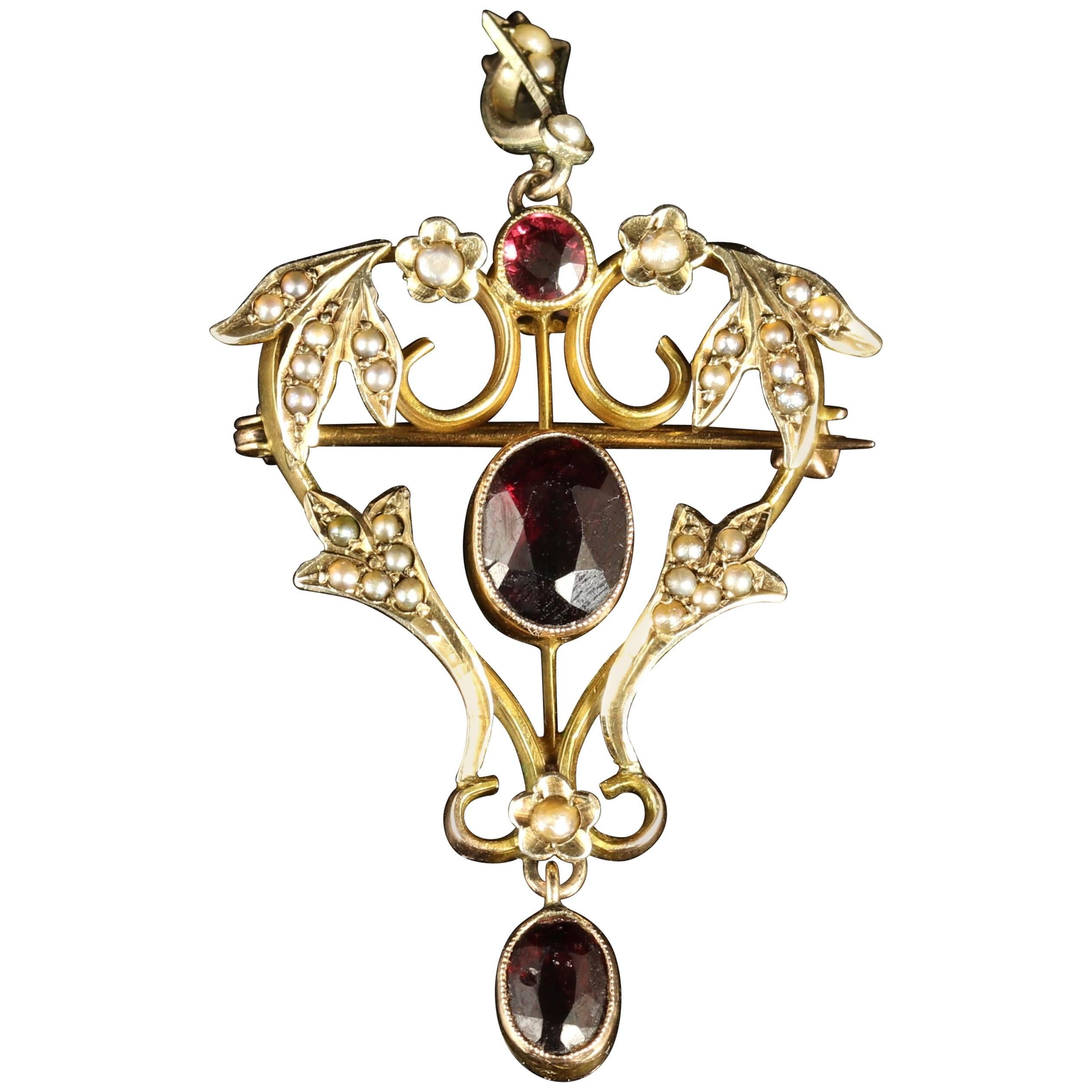 Antique Victorian Almandine Garnet Pearl 15 Carat Gold Pendant Brooch For Sale