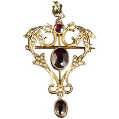 Antique Victorian Almandine Garnet Pearl 15 Carat Gold Pendant Brooch