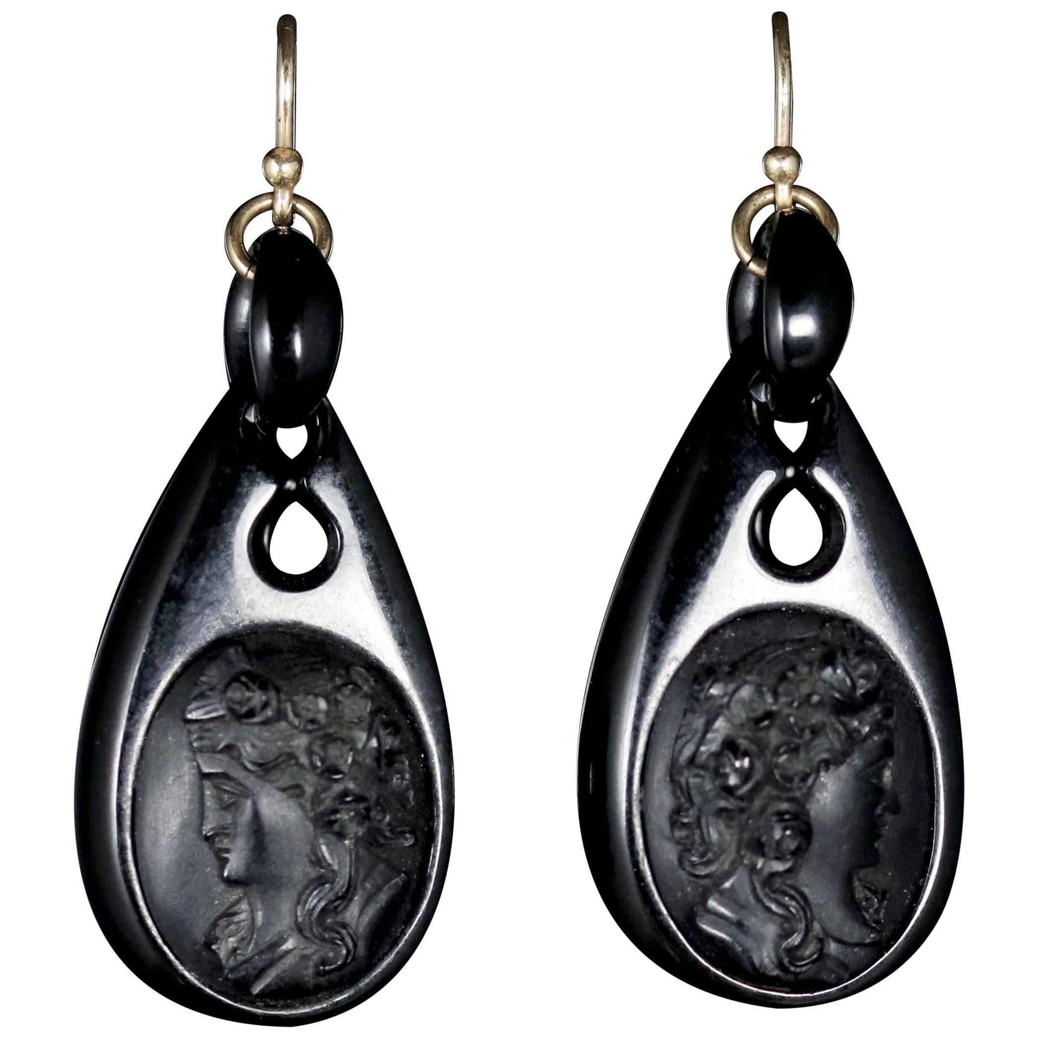 Antique Victorian Whitby Jet Cameo Carved Earrings