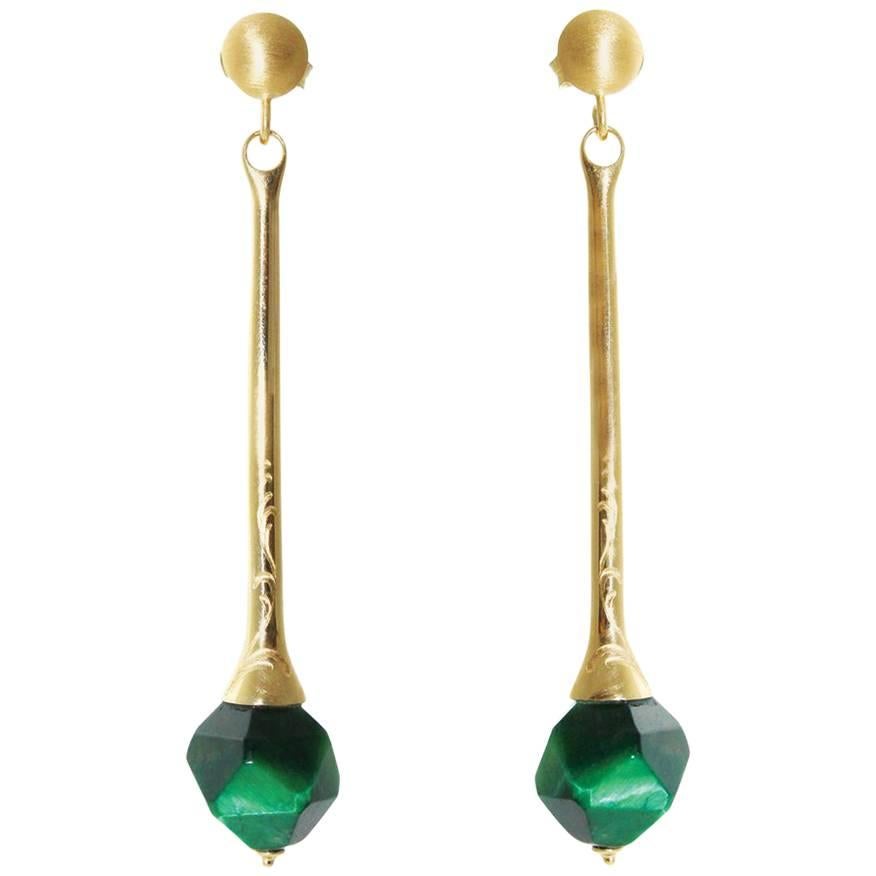 CdG Style Green Tiger Eye Diamond-Cut Gold Earrings Unique Made in Italy For Sale
