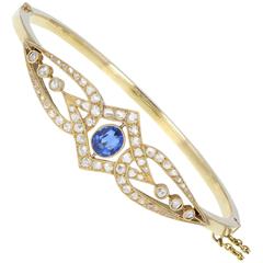 Antique Victorian Blue Sapphire Rose-Cut Diamond Yellow Gold Bangle Bracelet 5