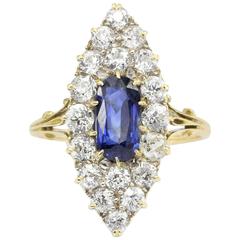 Edwardian Blue Sapphire Old European Cut Diamond Gold Navette Ring