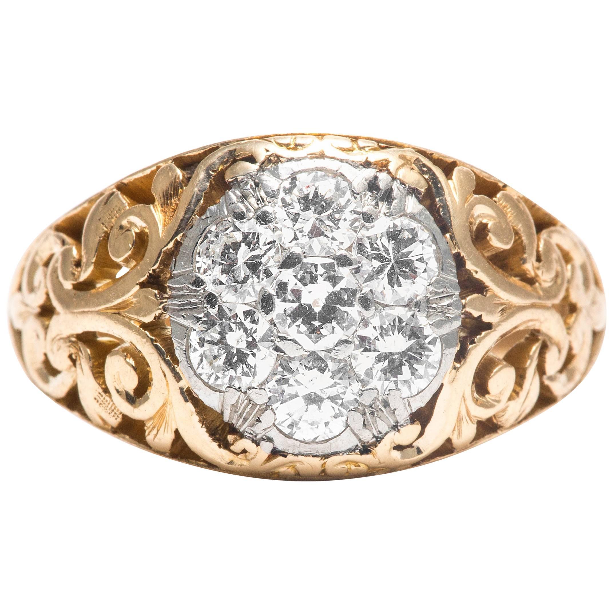 Art Nouveau Diamond Gold Platinum Scroll Work Cluster Ring