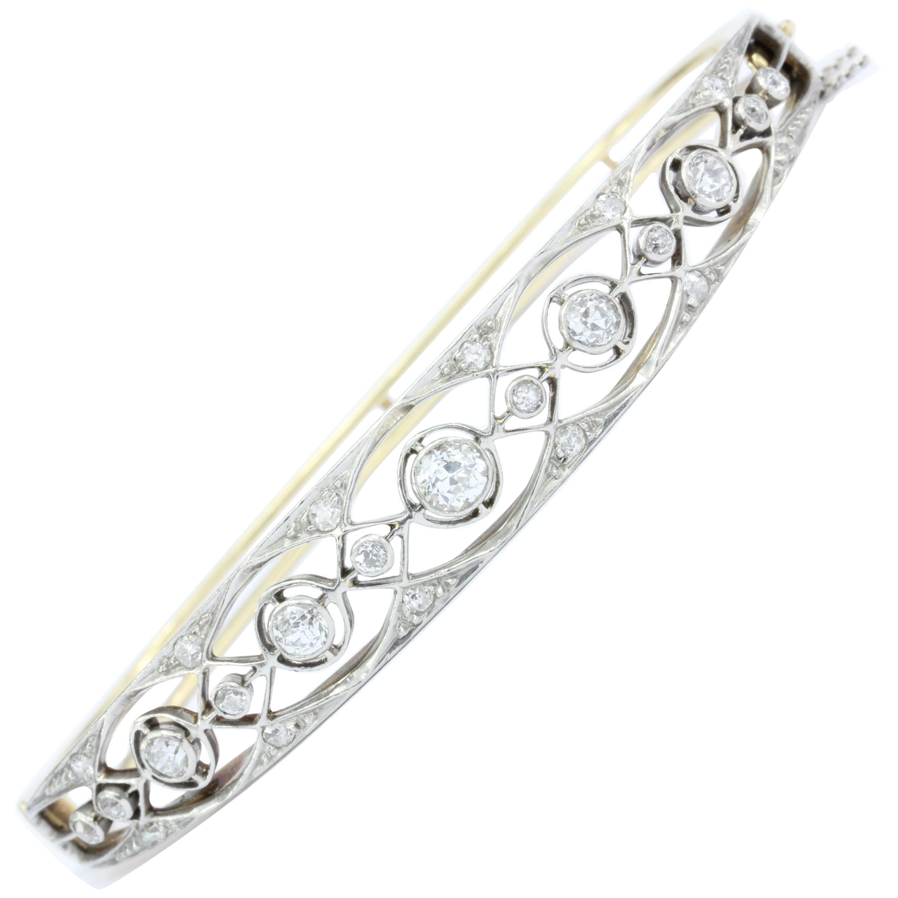 Art Nouveau Yellow Gold Old European Cut Diamond Bangle Bracelet, circa 1905