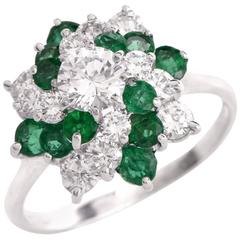 Diamond Emerald Platinum Dome-Shaped Cocktail Ring