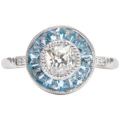 Ocean Blue French Cut Aquamarine Diamond Platinum Target Ring Ocean Blue French Cut Aquamarine Diamond Platinum Target Ring