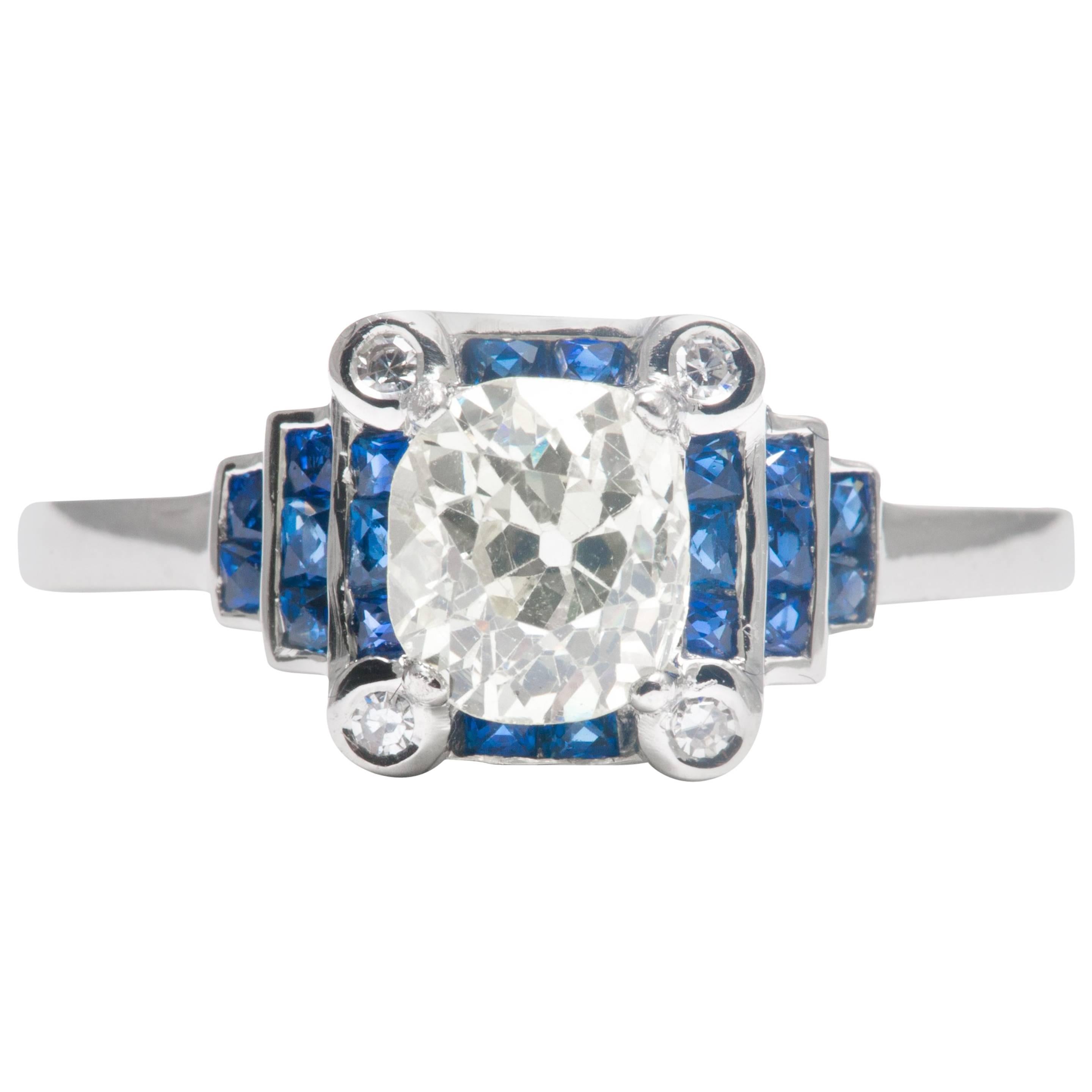 Stepped French Cut Sapphire Diamond Platinum Engagement Ring For Sale
