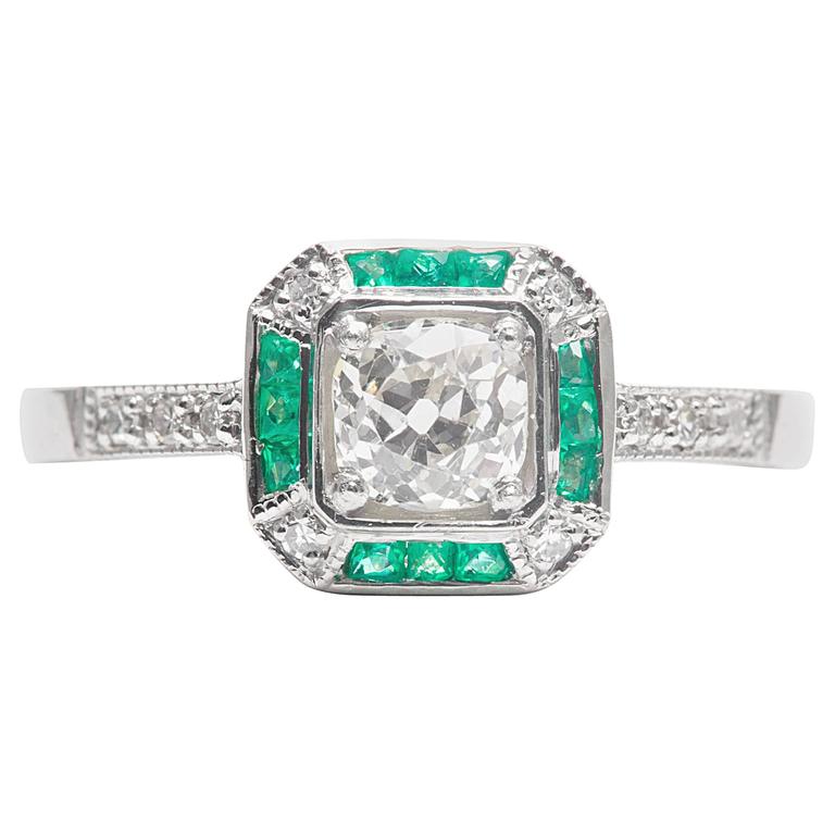 Sparkling European Cut Diamond Emerald Platinum Engagement Ring For ...