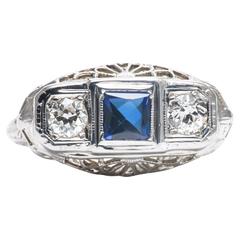 Art Deco Diamond French Cut Sapphire White Gold Filigree Ring