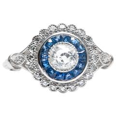 Double Halo Diamond French Cut Sapphire Platinum Engagement Ring