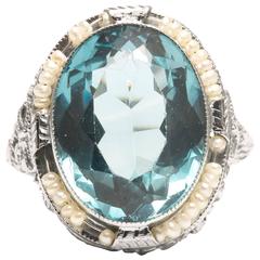 Antique Art Deco Blue Spinel Pearl White Gold Filigree Floral Motif Ring