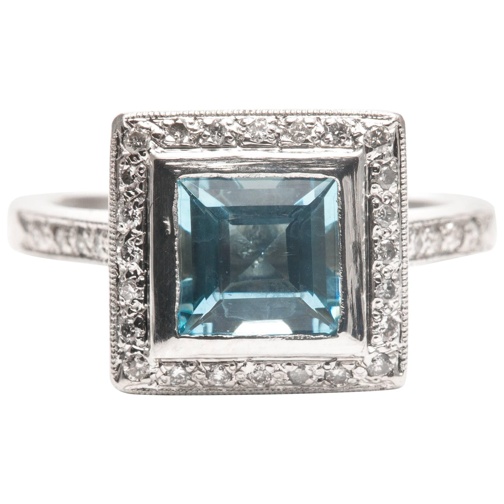 Step Cut Aquamarine Diamond Platinum Ring For Sale