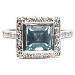 Step Cut Aquamarine Diamond Platinum Ring