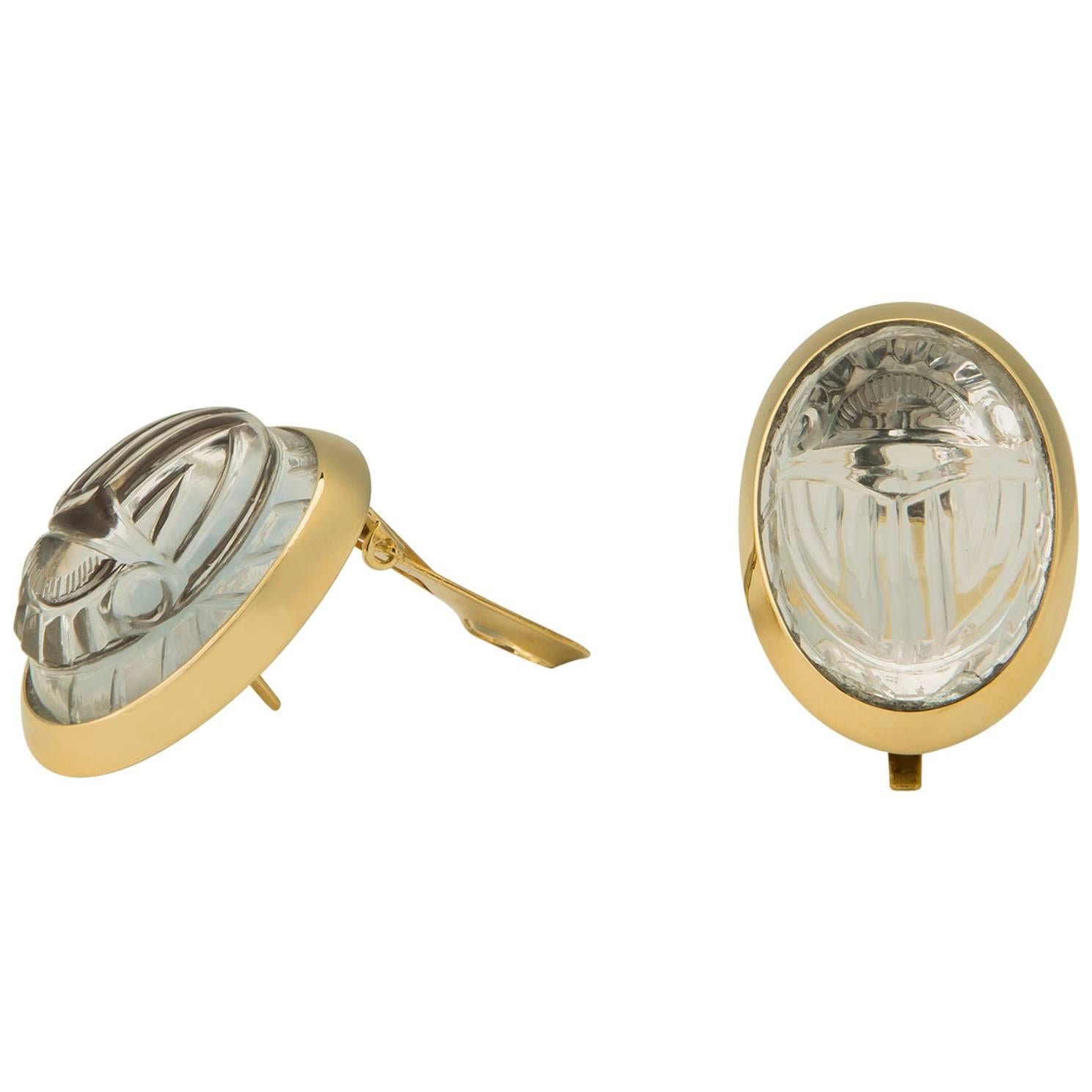 Rock Crystal Scarab and Gold Earrings For Sale
