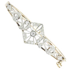 Art Deco Yellow Gold European Cut Diamond Bangle Bracelet, circa 1920