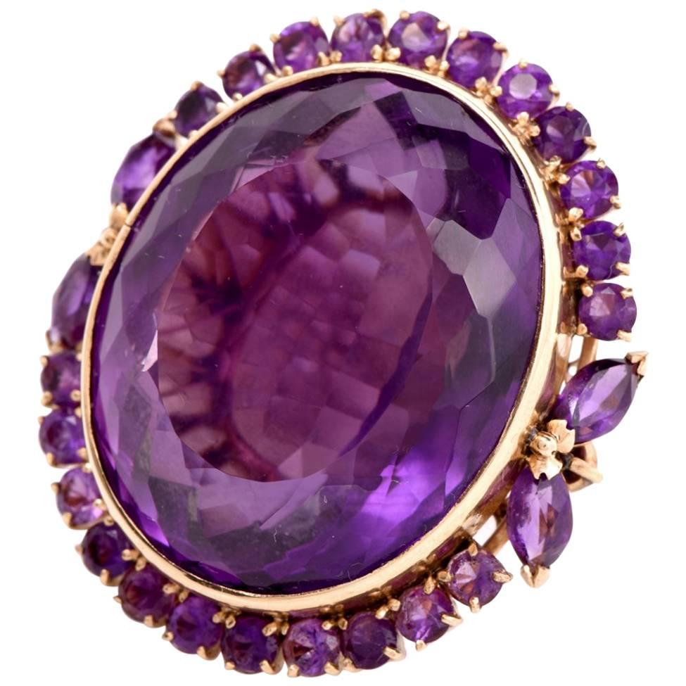 Retro 51.65 Carat Amethyst Yellow Gold Cocktail Cluster Ring