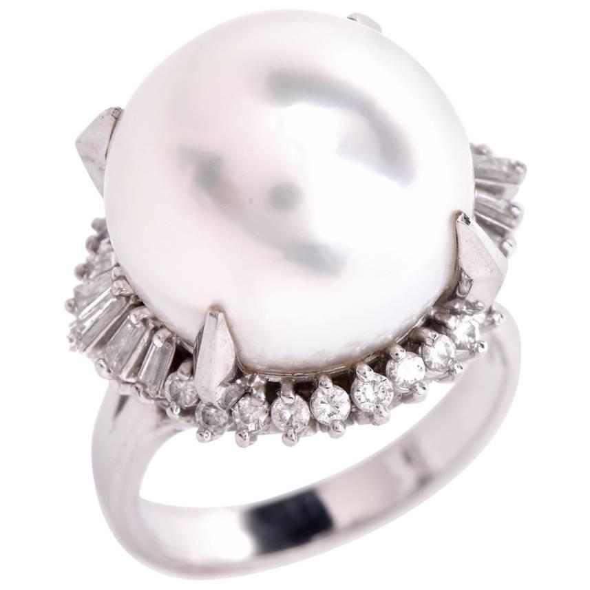 Large AAA South Sea Pearl Diamond Platinum Cocktail Ring