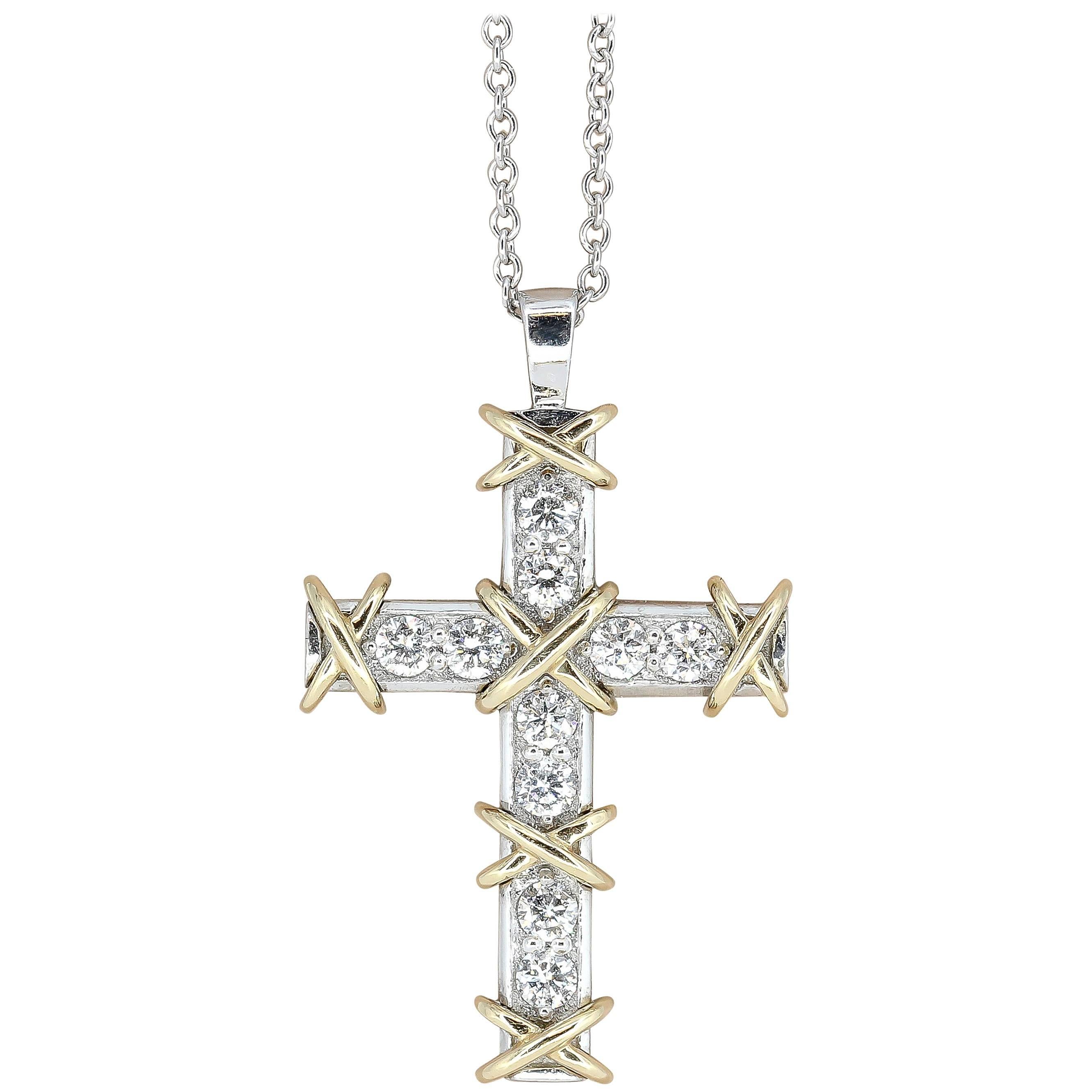 Tiffany & Co. Schlumberger Diamond Gold Platinum Cross Pendant and Chain