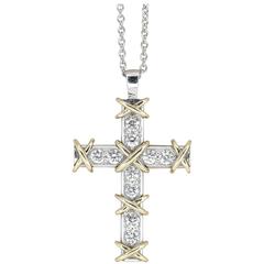 Vintage Tiffany & Co. Schlumberger Diamond Gold Platinum Cross Pendant and Chain
