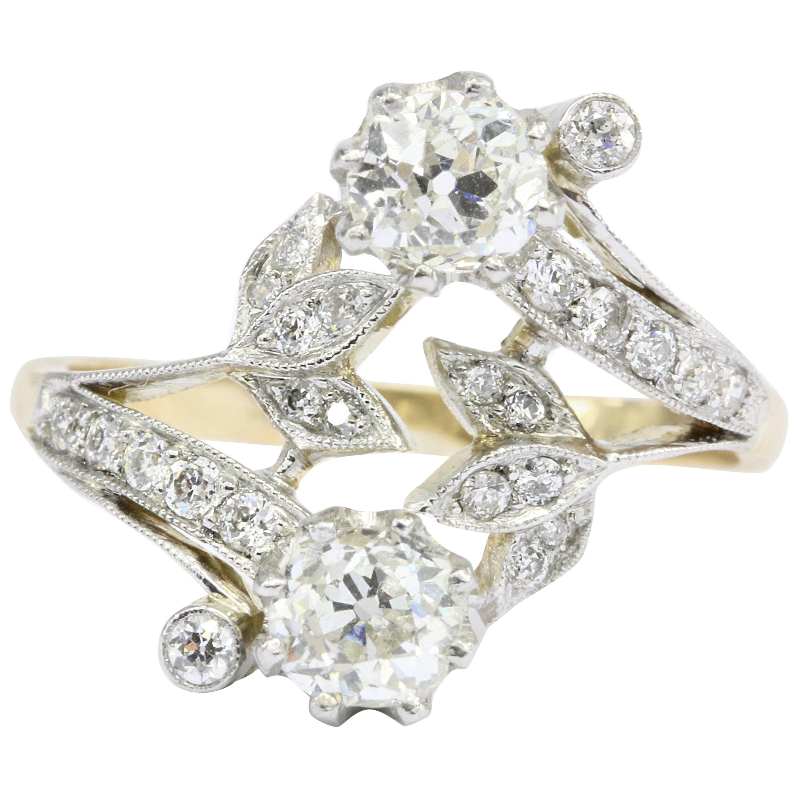 Edwardian Old Mine Diamond Yellow Gold and Platinum Floral Motif Ring