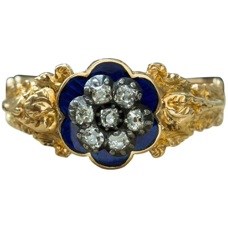 Antique Georgian Blue Enamel and Diamond Ring For Sale