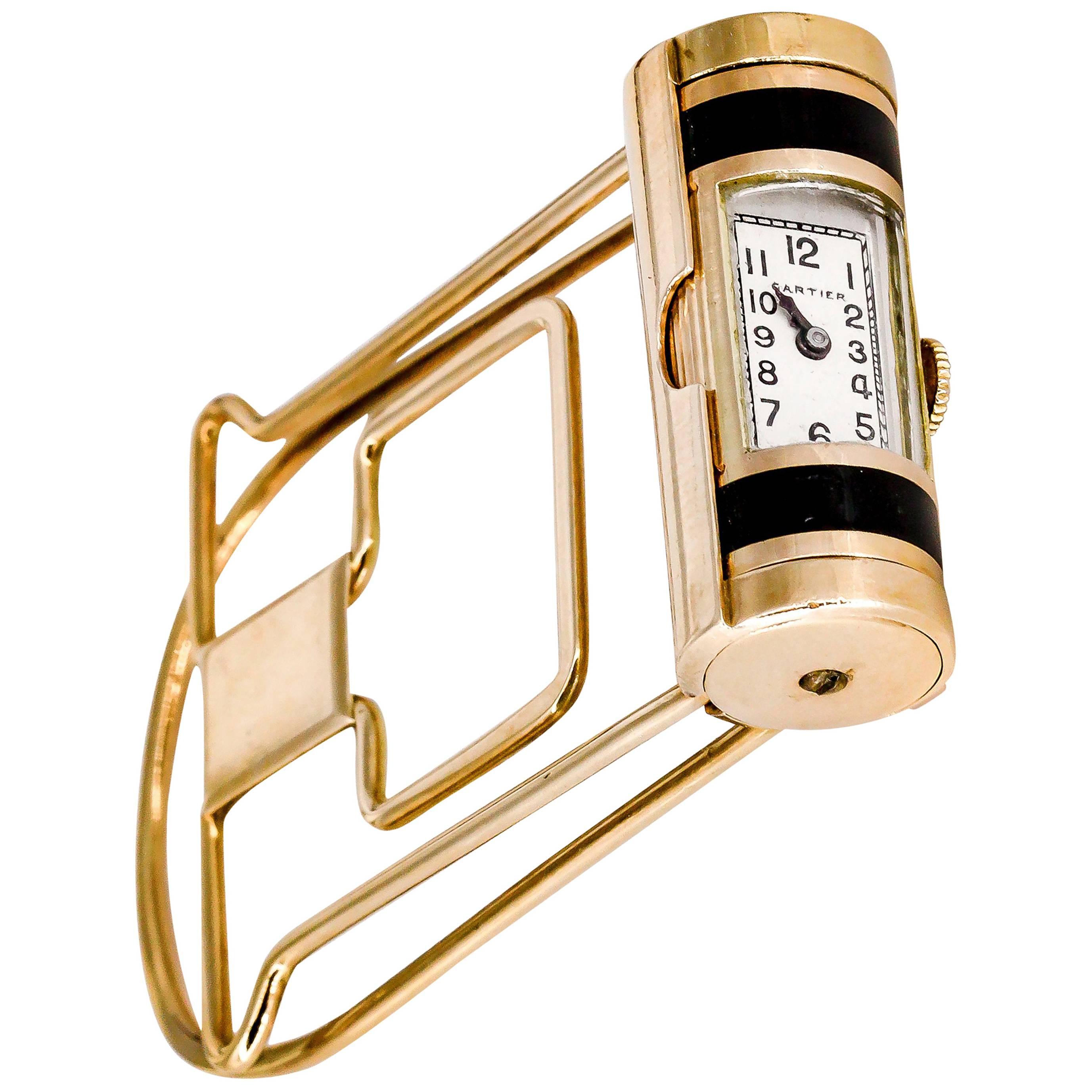 Cartier Yellow Gold Enamel Money Clip with Built-In Mechanical Watch