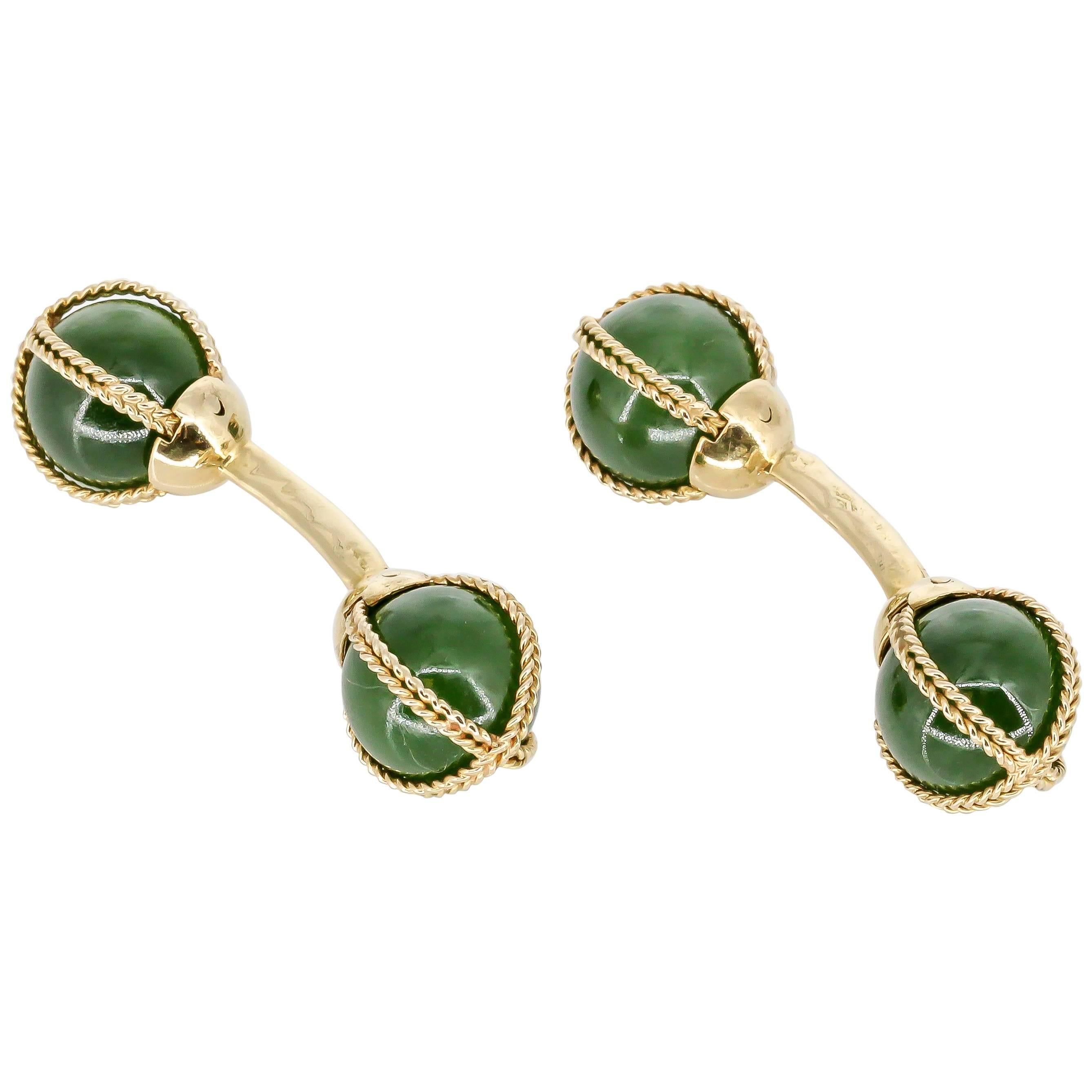 French Jade Yellow Gold Dumbbell Cufflinks