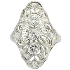 Art Deco Platinum Filigree Old European Diamond Shield Ring