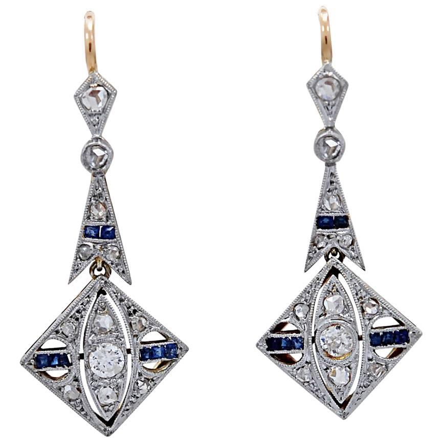 .70 Carat Diamond .25 Carat Sapphire Platinum Gold Dangle Earrings