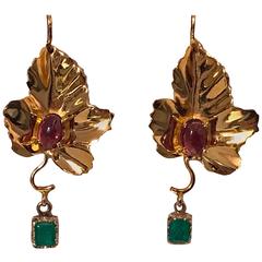 20th Century Garnet Emerald Gold Leaf Drop Earrings 6