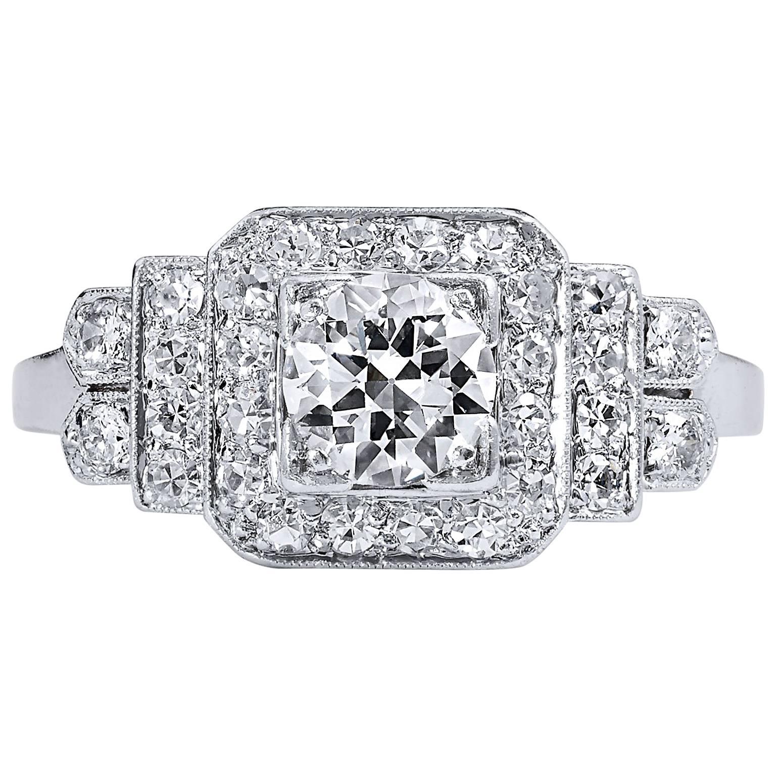 Art Deco Old European Cut Diamond Iridium Platinum Engagement Ring