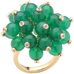 Diamond Beaded Green Agate Yellow Gold Ring