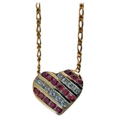 20th Century Diamond Ruby Gold Heart Pendant Necklace