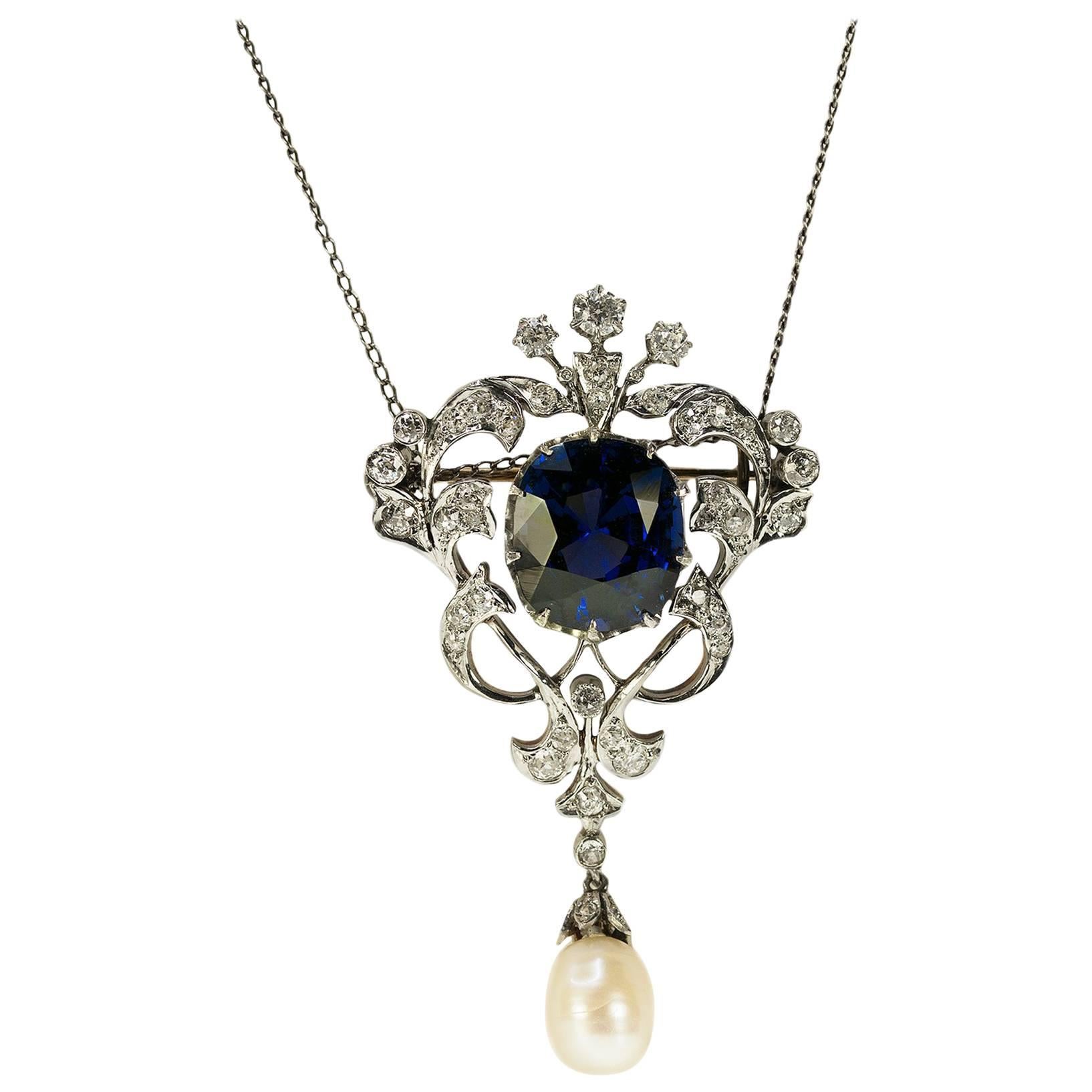Edwardian AGL Certified Cobalt Blue Spinel Diamond Natural Pearl Necklace
