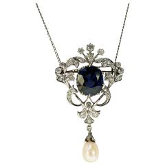 Collier édouardien en perles naturelles avec spinelle bleu cobalt certifiée AGL et diamants