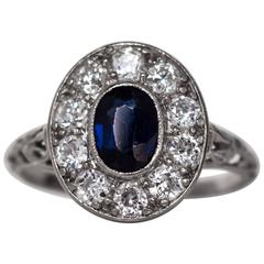 1890s Edwardian Platinum .75 Carat Sapphire and Diamond Engagement Ring 1
