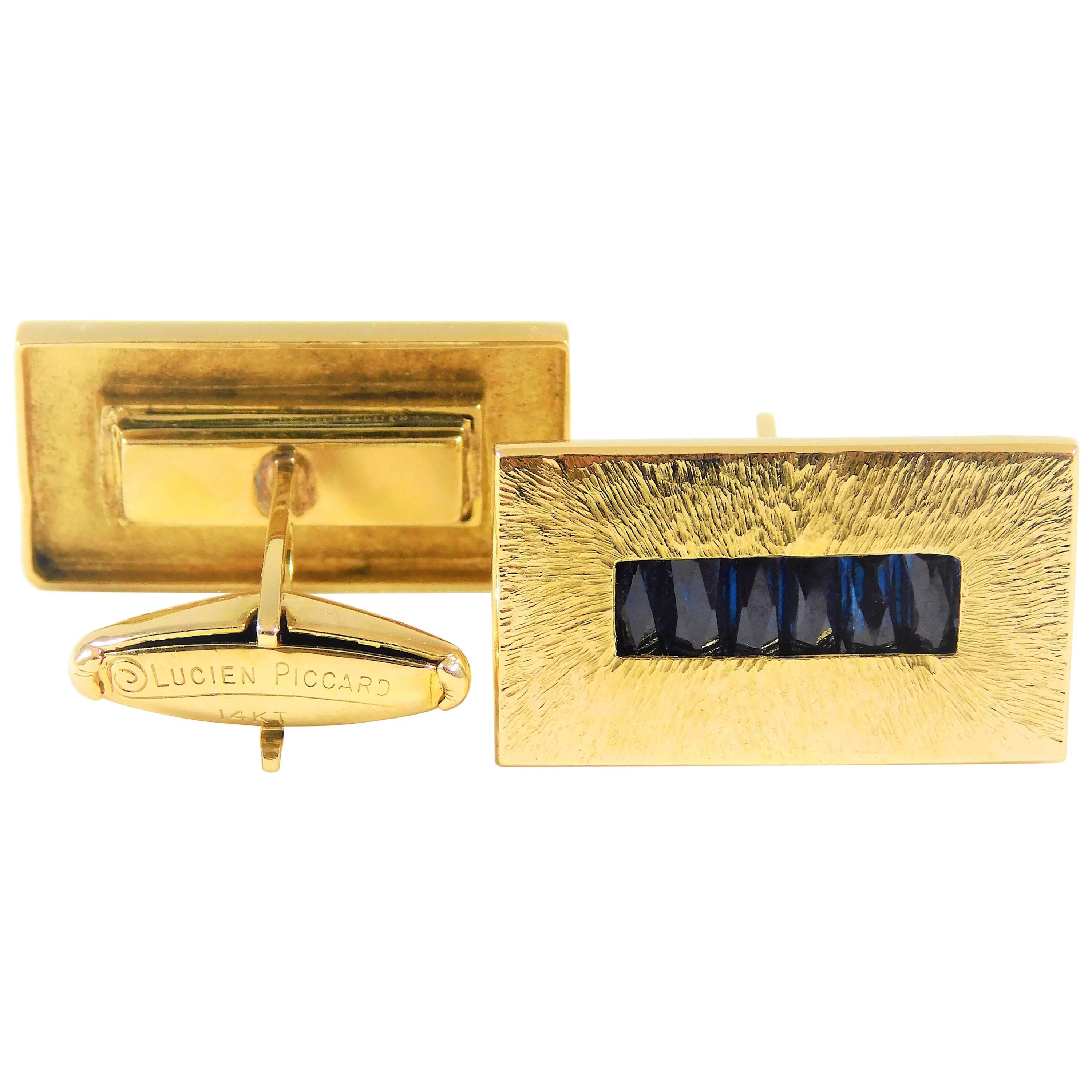 1960s Modernist Lucien Picard Sapphire Gold Cufflinks