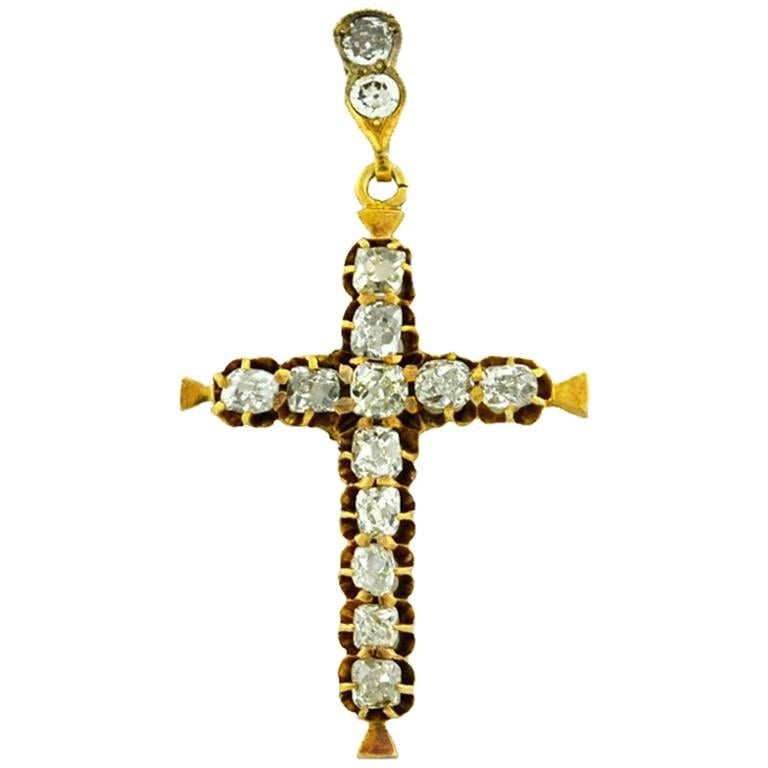 Victorian Old Cut Diamond Yellow Gold Cross Pendant For Sale
