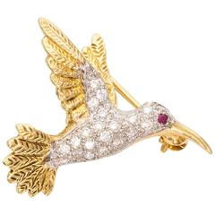 Retro  Hummingbird Brooch with Yellow Gold, Diamonds, Ruby