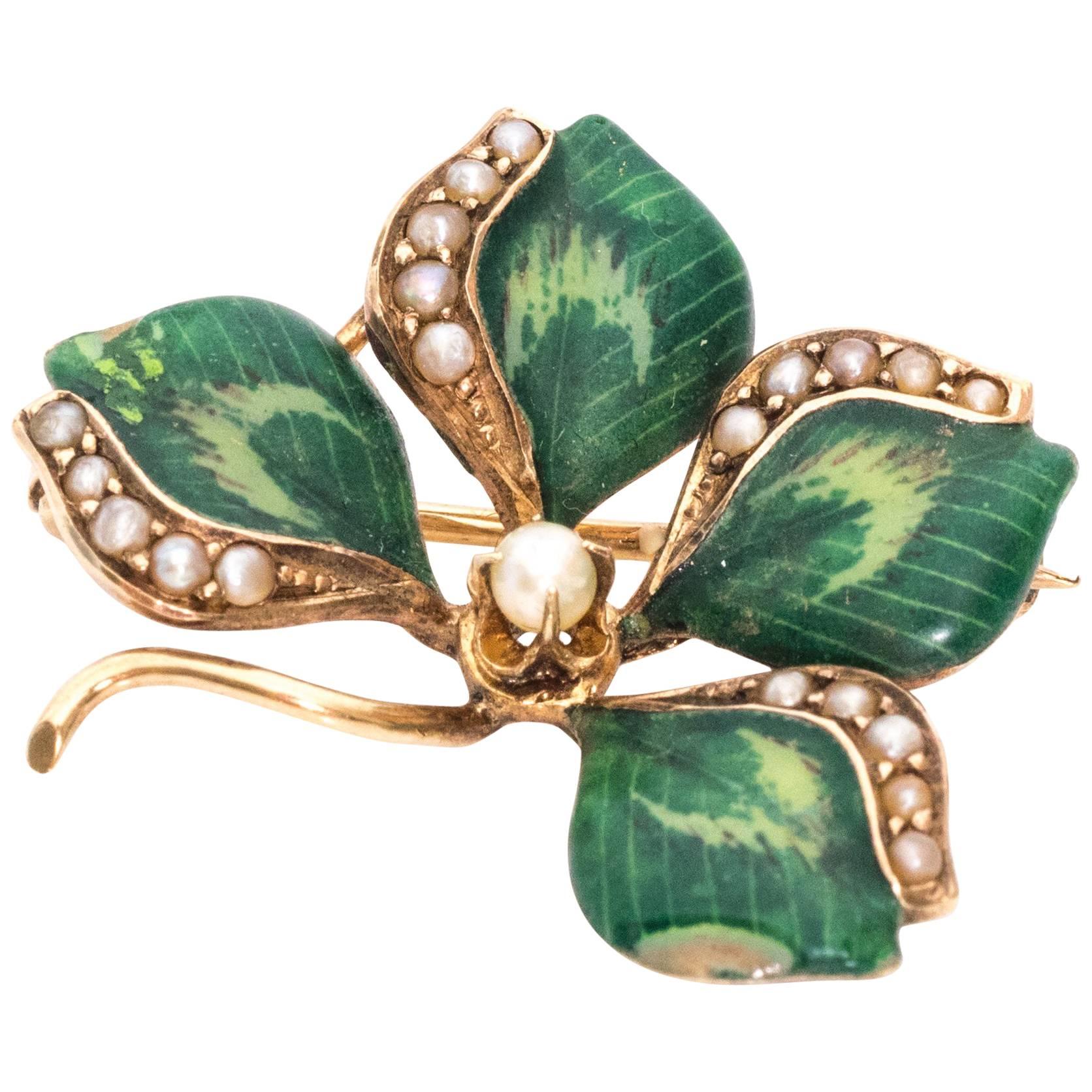 1890s Art Nouveau Four Leaf Clover Brooch, Gold, Enamel, Pearls