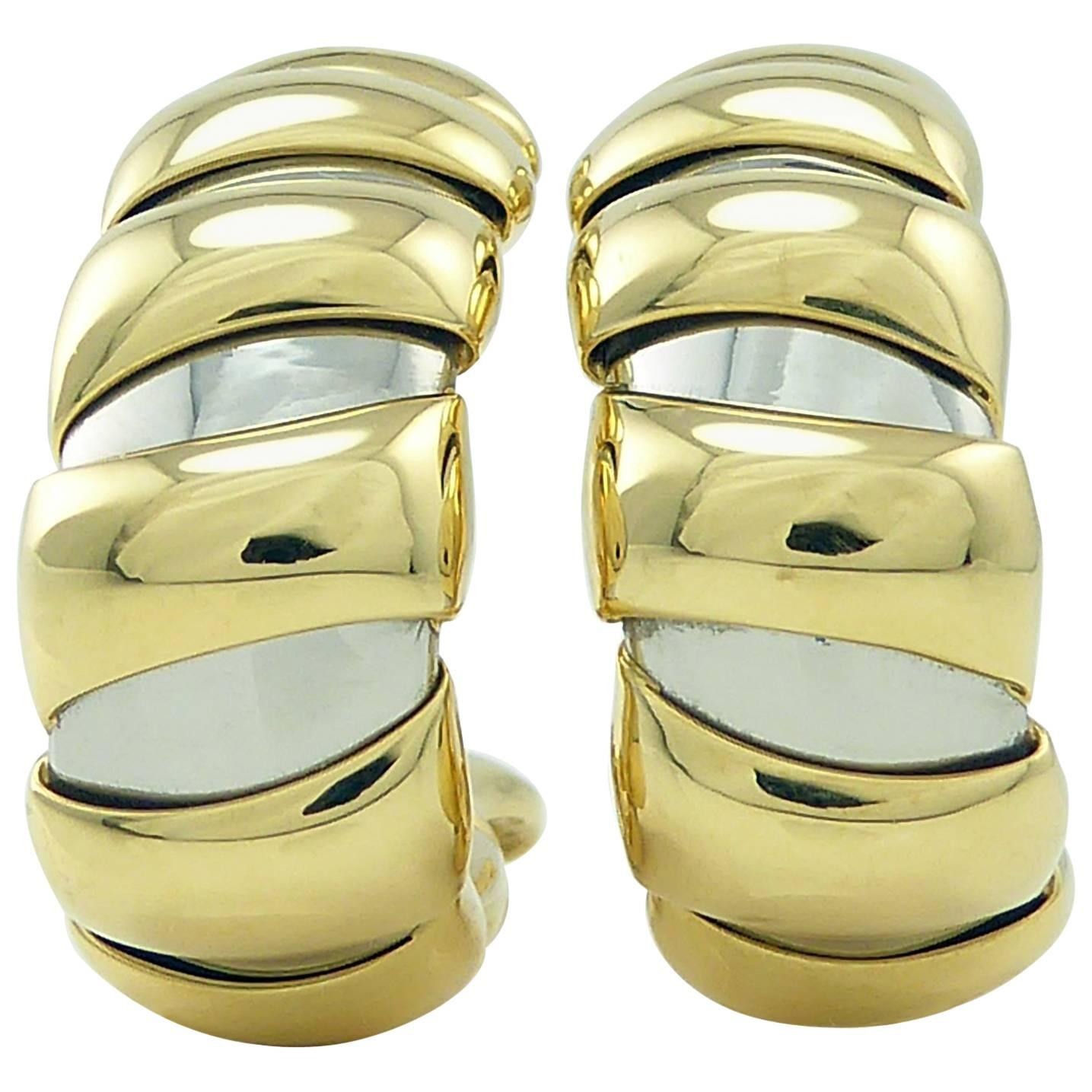 Bulgari Earrings, 18 Carat Gold Steel Banded Hoops, Tubogas Design