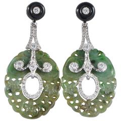 Spinach Jade Onyx Diamond Unique Drop Earrings