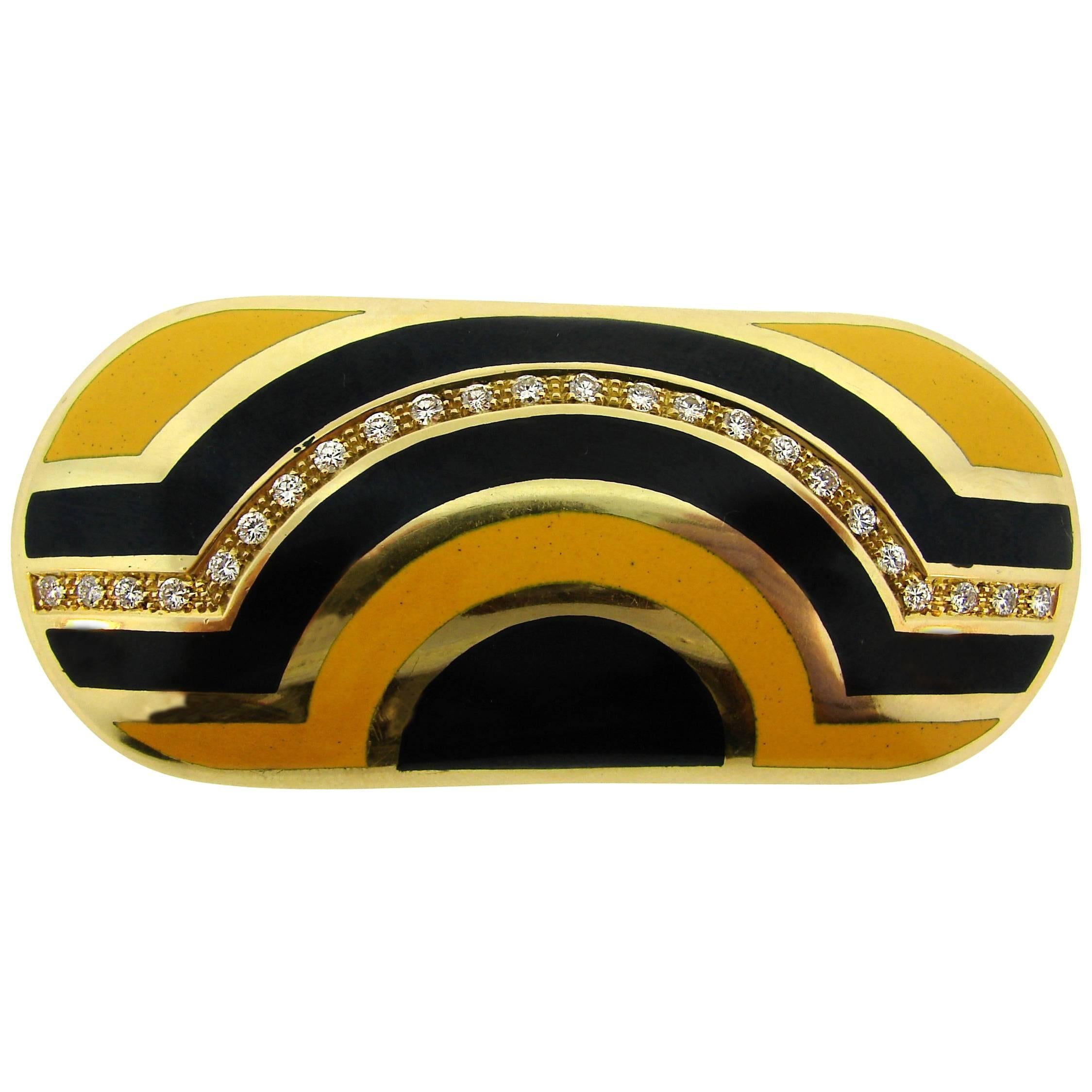 Cartier Diamond Enamel Yellow Gold Pin Brooch Pendant Clip, 1970s